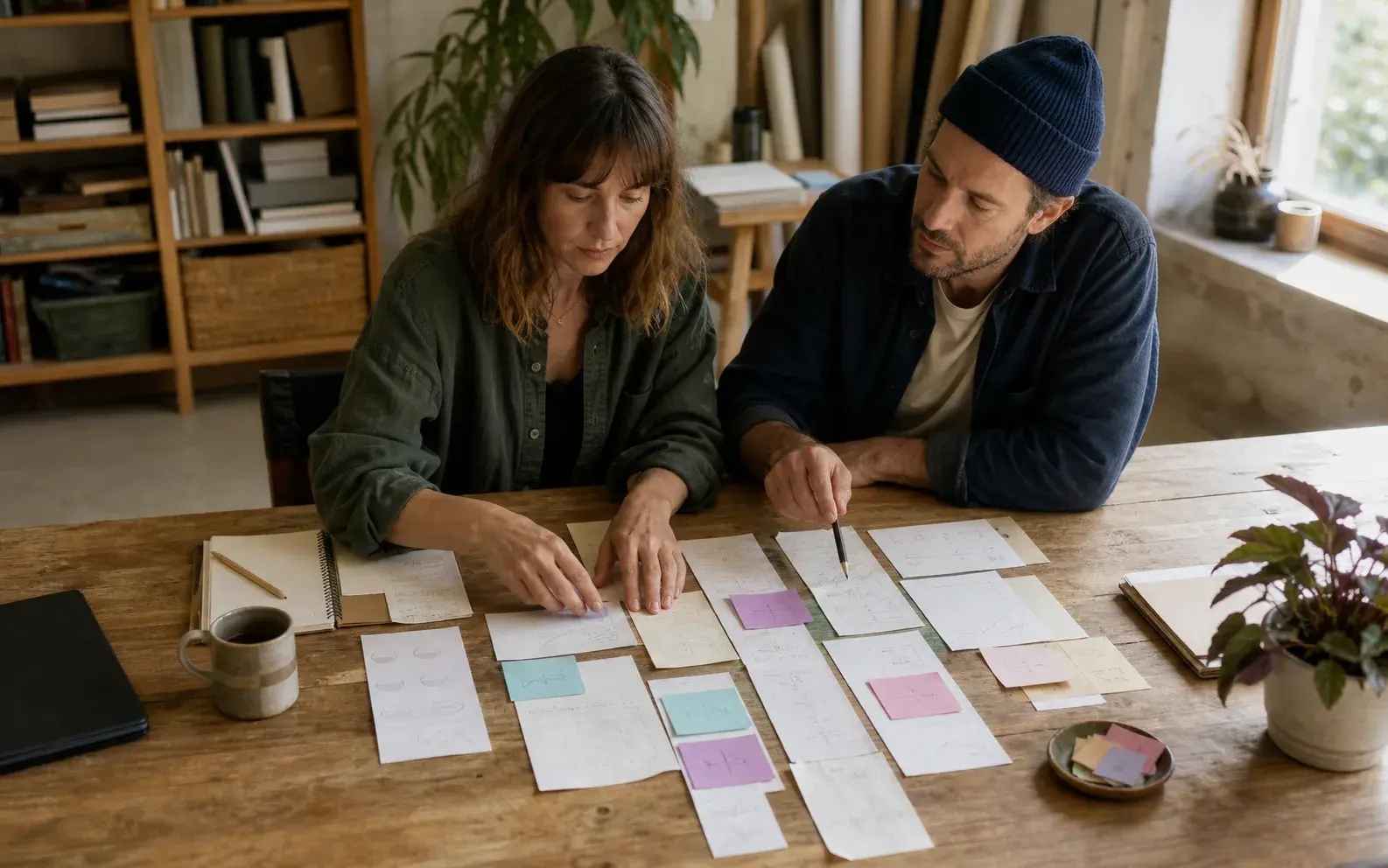 Two small-business collaborators organize notes, receipts, and simple sketches on a shared wooden worktable.