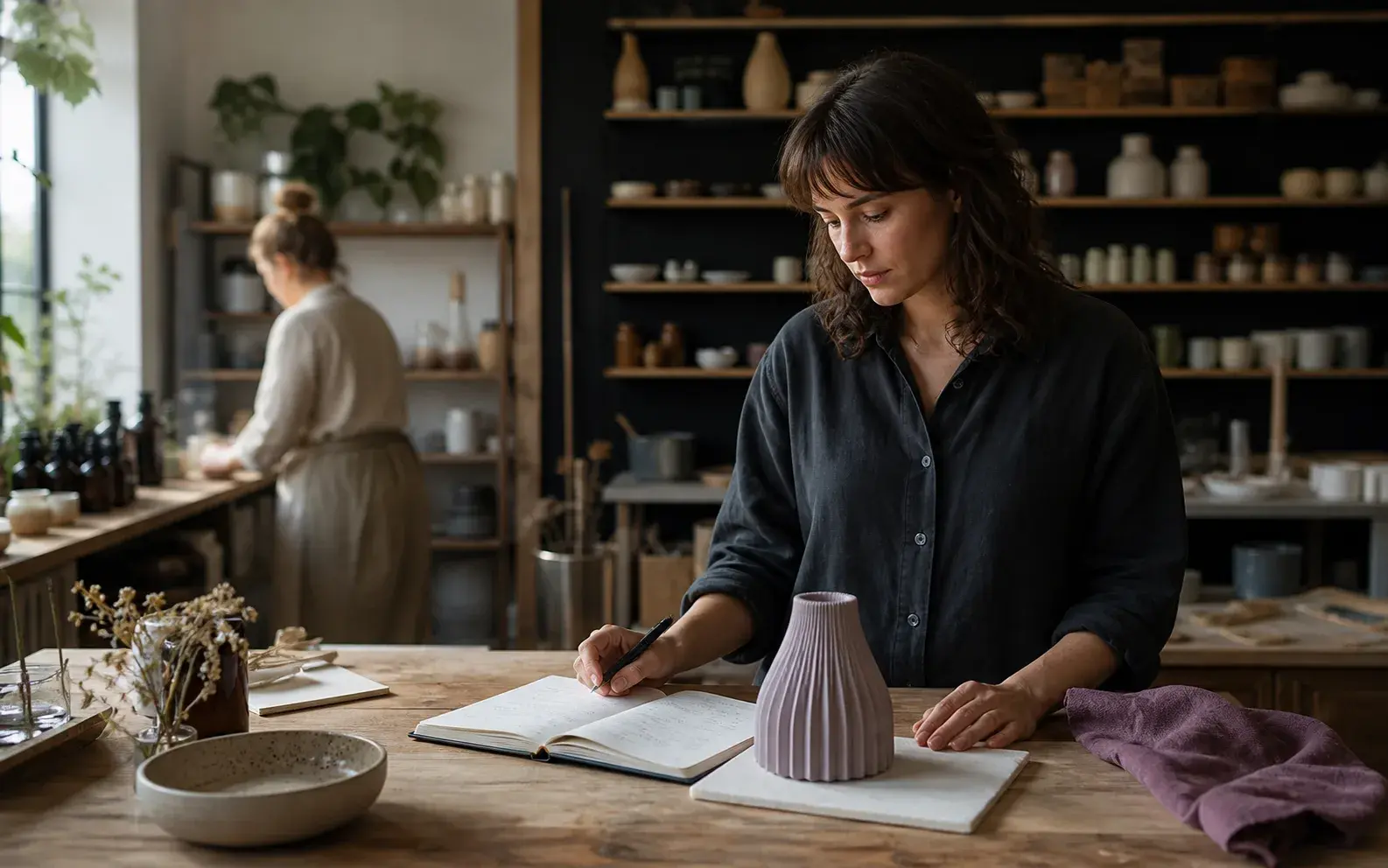 A small-business founder reviews a prototype and notebook before opening while a teammate prepares the studio behind her.