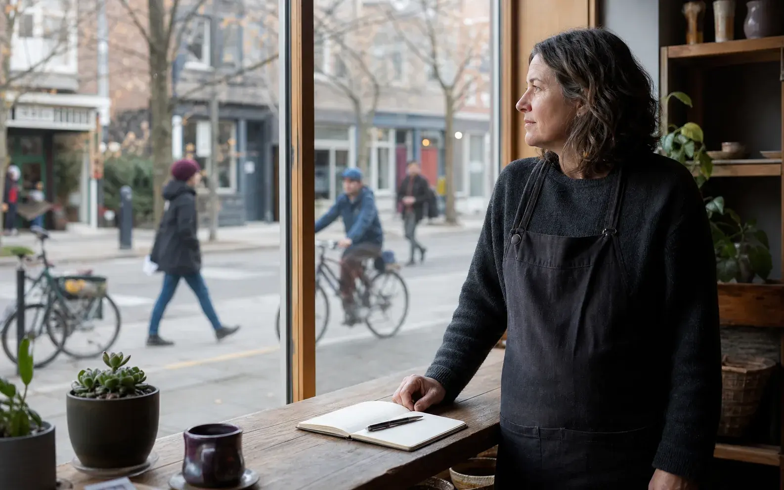 A shop owner pauses at the window of an independent storefront while pedestrians and a cyclist pass outside.