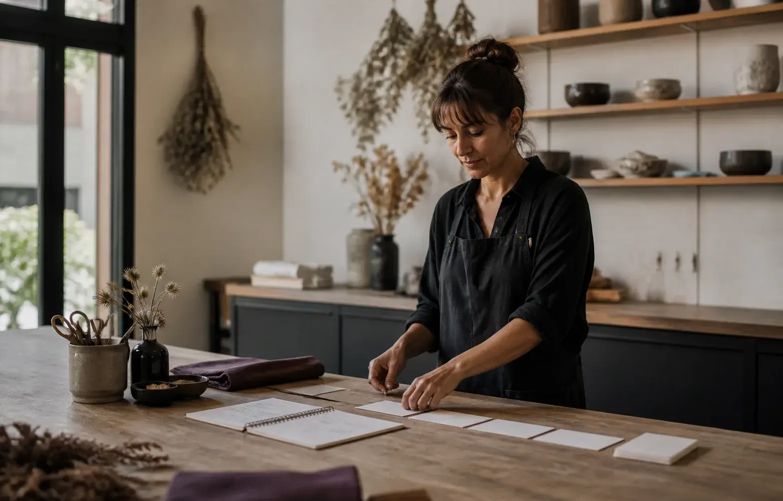 A small-business owner arranges blank priority cards into a clear sequence before the workday begins.