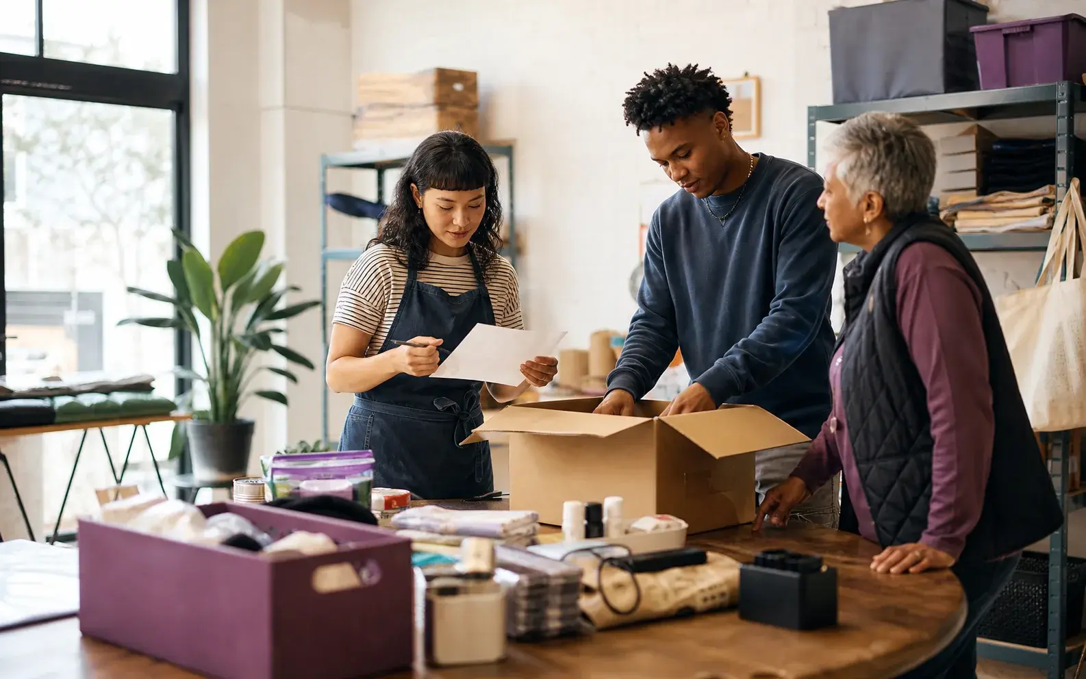 Three nonprofit organizers prepare practical supplies together in a community workspace.