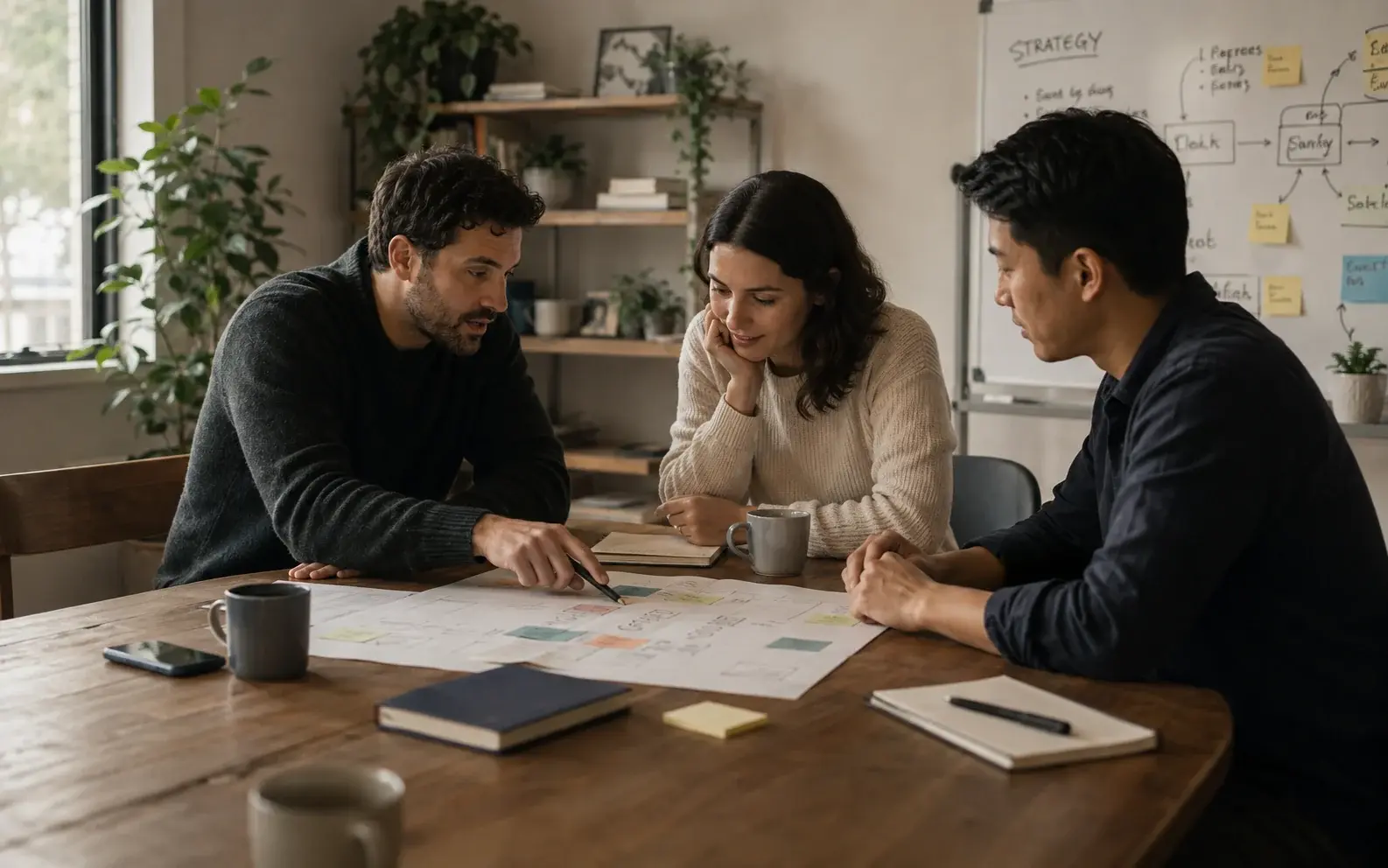 Three entrepreneurs collaborate around a strategy map in a bright studio workspace.