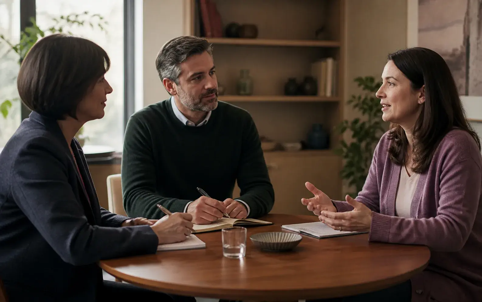Two professional advisors listen closely as a client speaks in a warm consultation room.